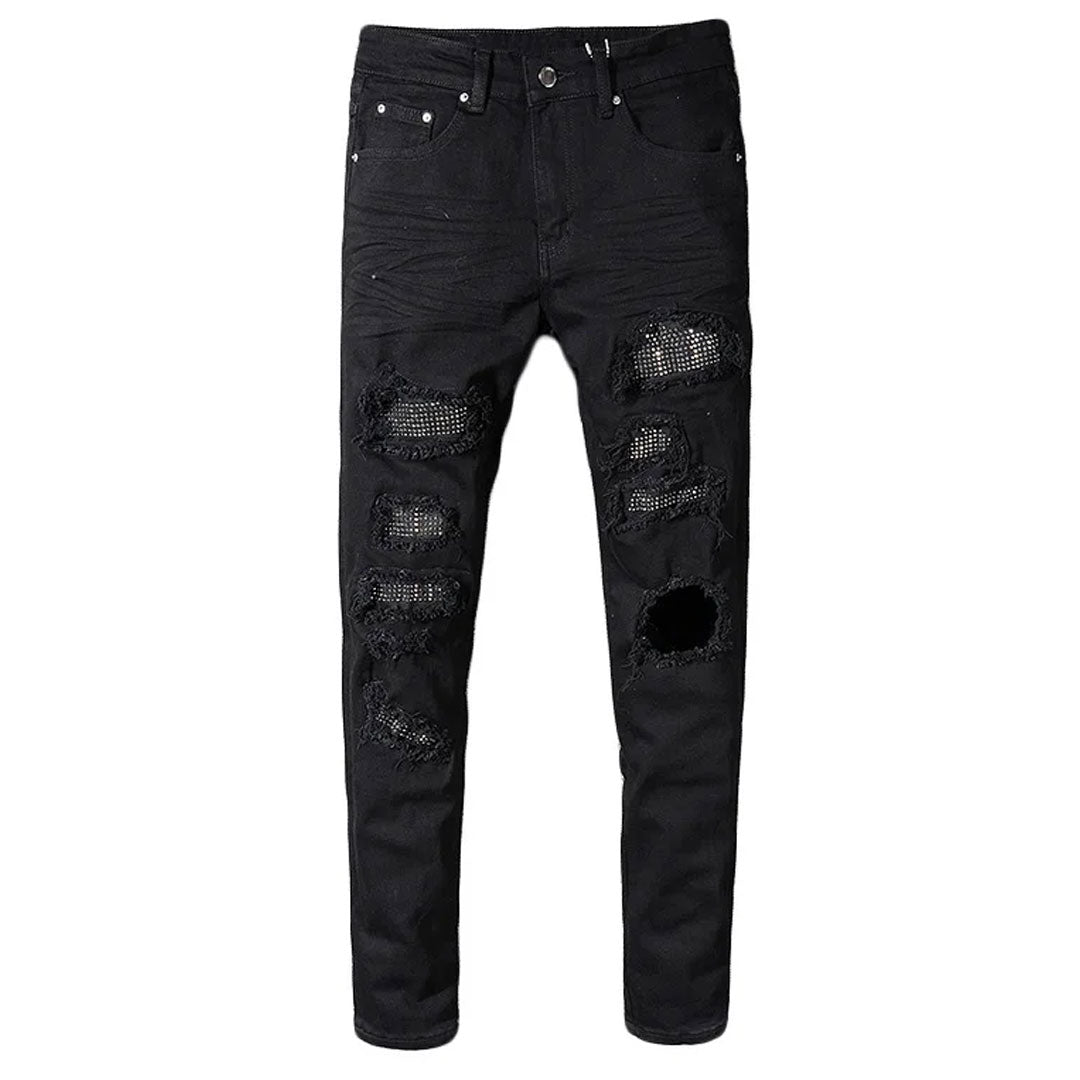 Men's Ripped Stretch Skinny Jeans | Vintage Distressed Zipper Denim