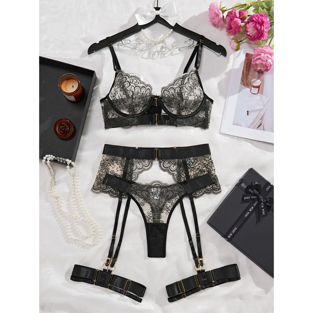 Sexy Push-Up Eyelash Lace Mesh Bra and Panty Set for Women
