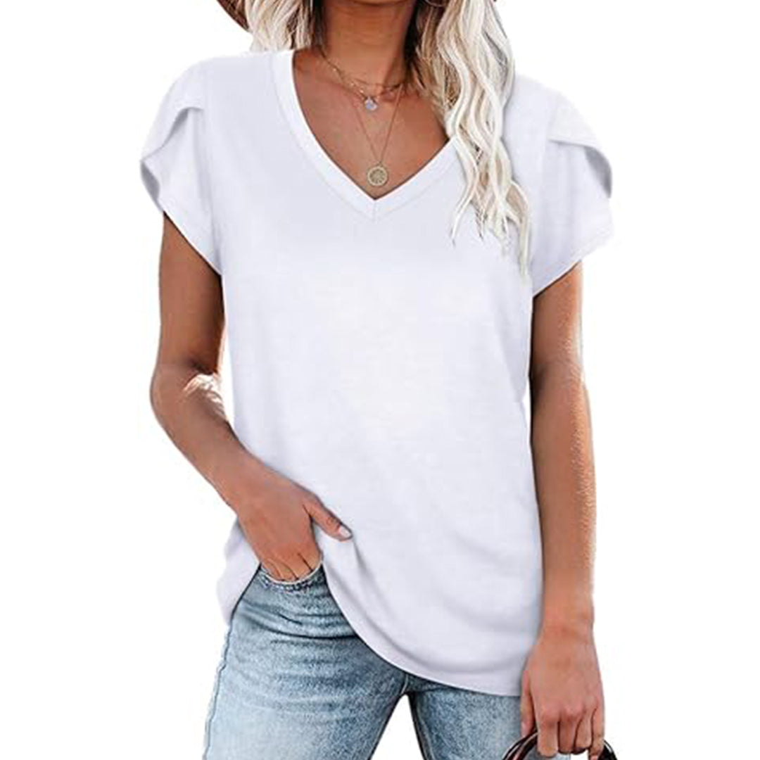 Women’s White V-Neck Short Sleeve Casual T-Shirt