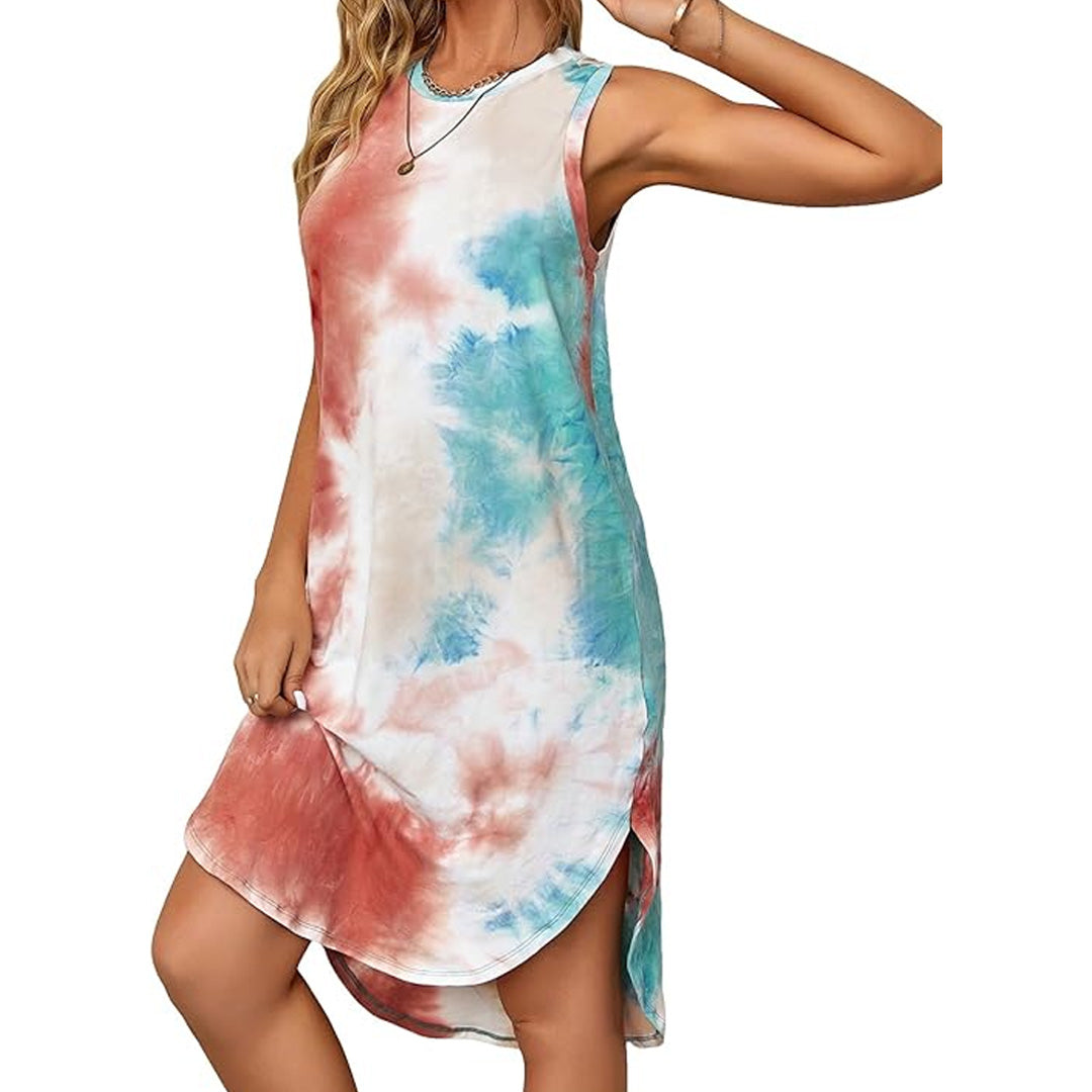 Round Neck Pleated Flared Mini Dress