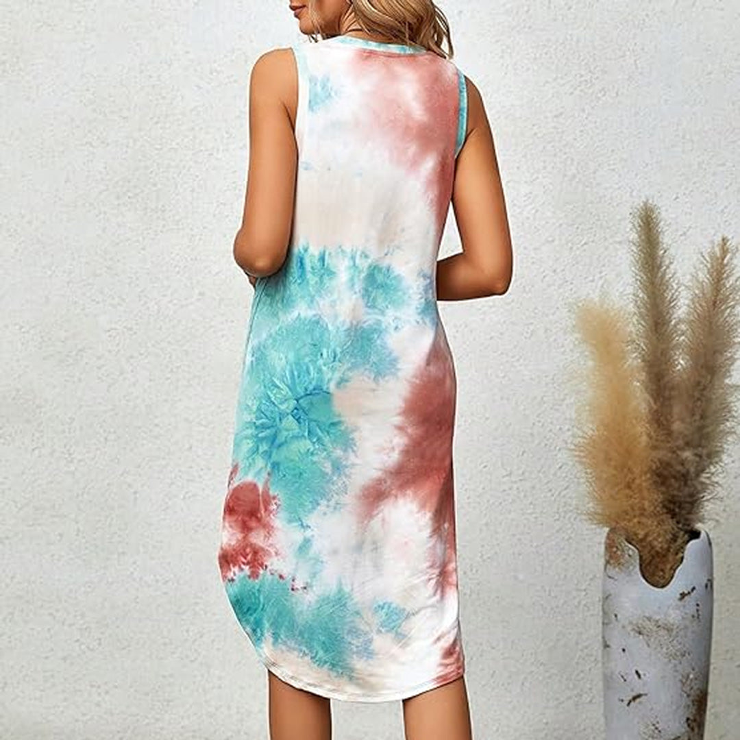 Round Neck Pleated Flared Mini Dress