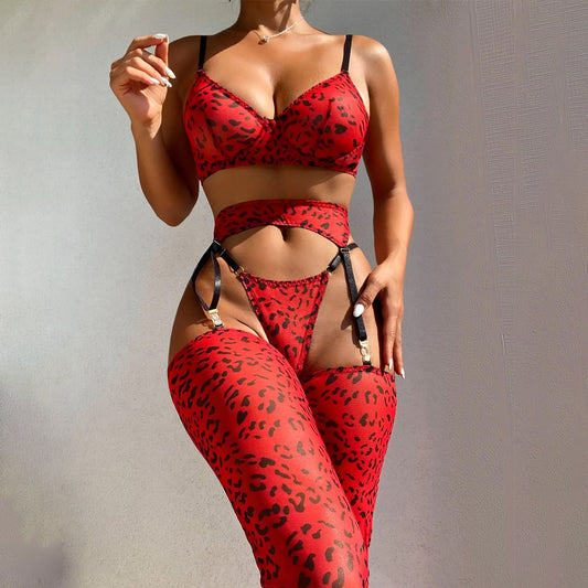 Red Leopard Print Lace Lingerie Set with Bra, Garter, Thong & Stockings