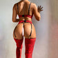 Red Leopard Print Lace Lingerie Set with Bra, Garter, Thong & Stockings